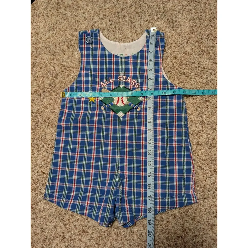 Samara Toddler Romper Overalls Size 2T Blue Plaid Baseball All Stars Shortall